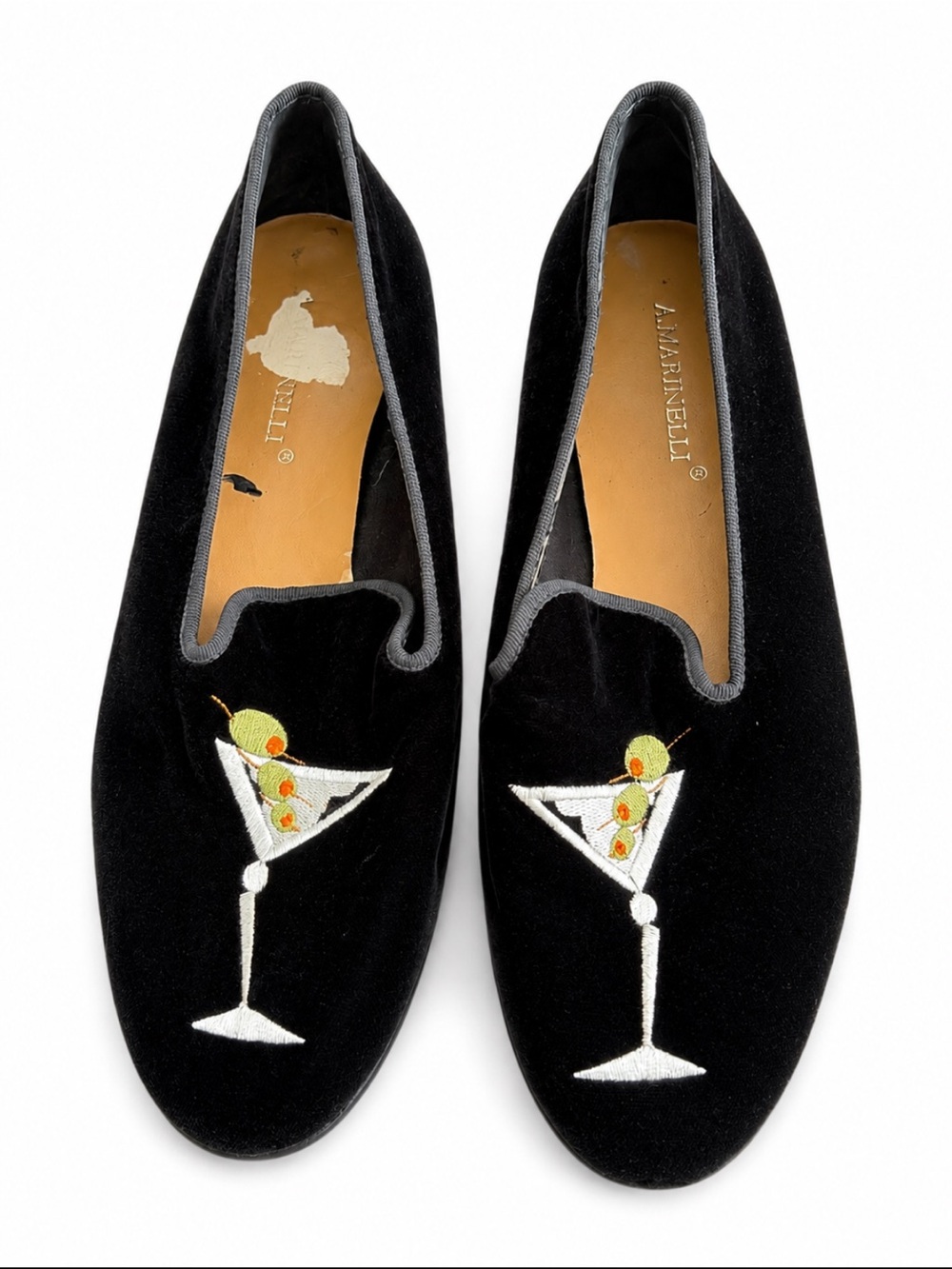 A. Marinelli Black Velvet Martini Embroidered Smoking Loafers 10M
